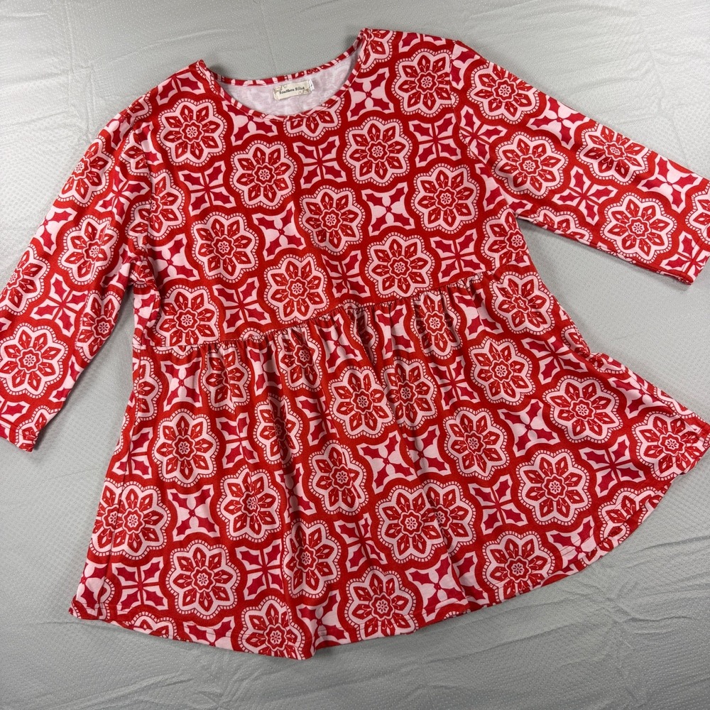 Southern Stitch Women Large Red Geometric Floral Babydoll Tunic Top 3/4 Sleeve